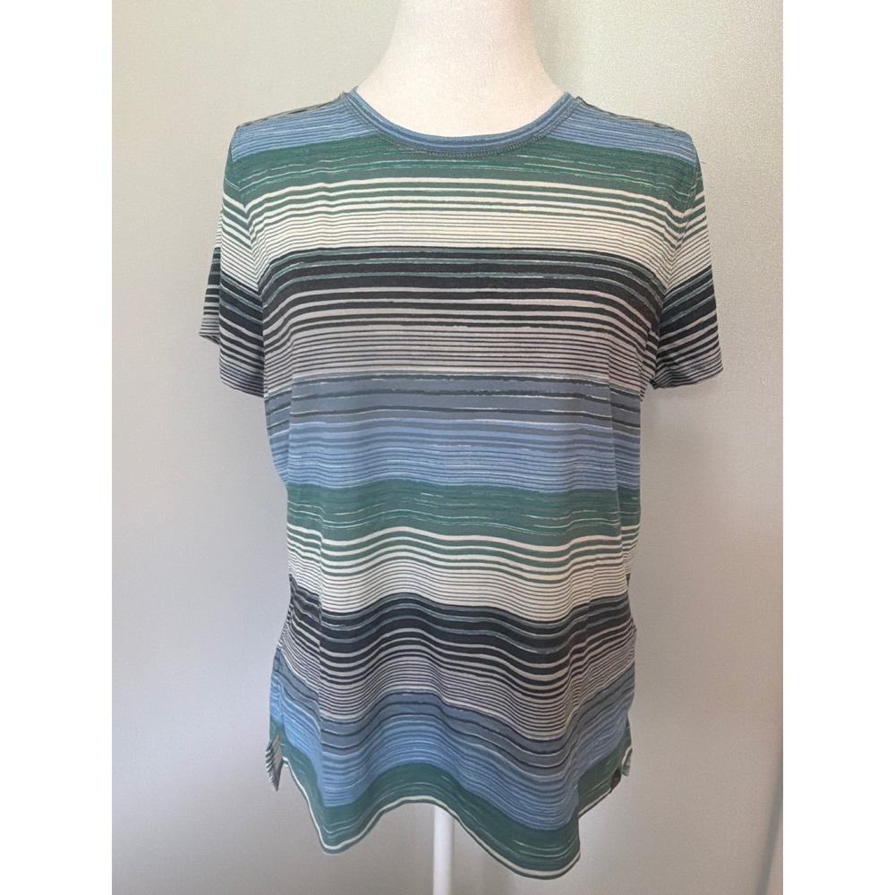 LL‎ Bean Womens Medium Petite Blue Green Striped Short Sleeve T-Shirt 517705